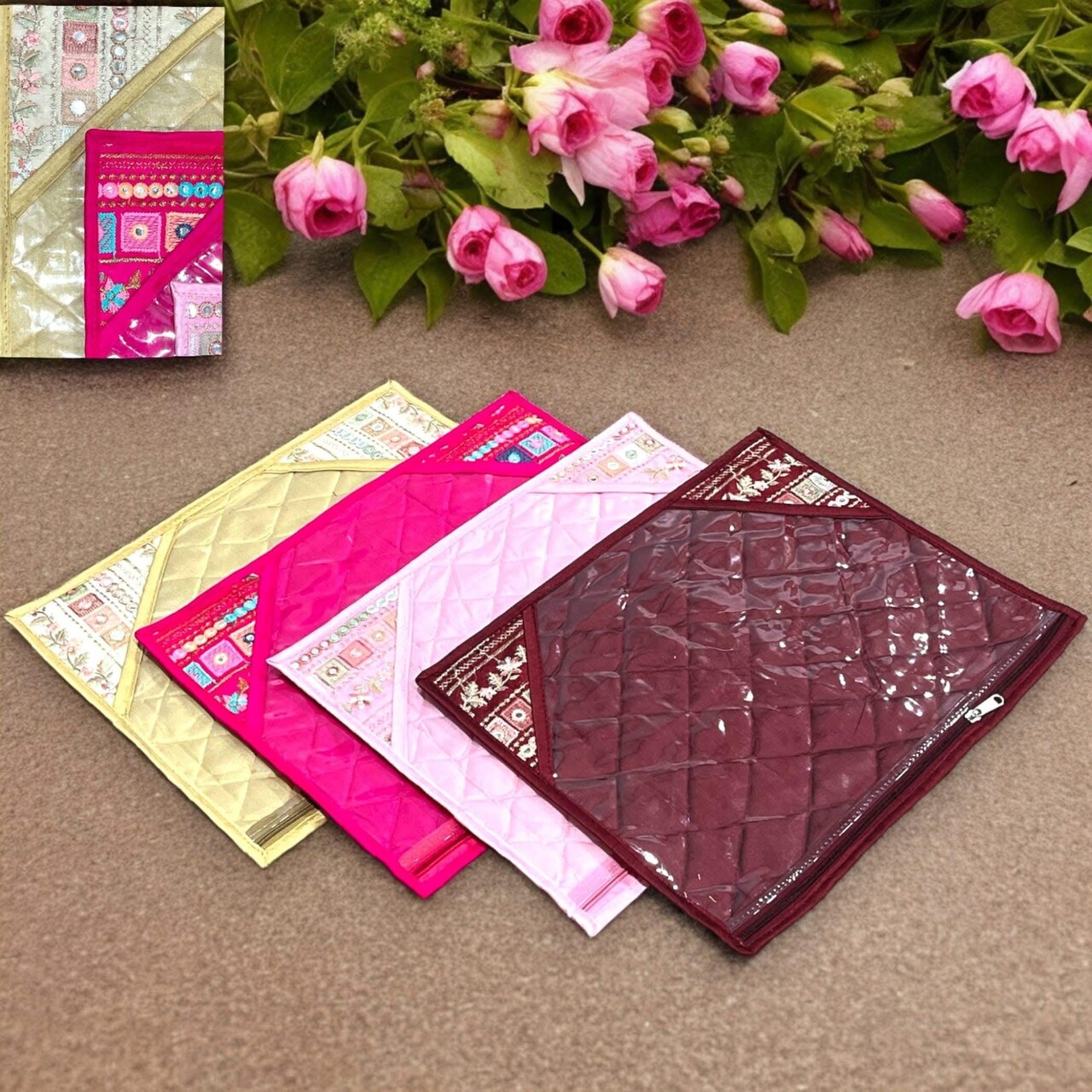 Pack of 4 Assorted Sari Bag with Zipper Closure Single Saree Cover Wardrobe Clothes Organiser Sari Storage Bag Indian Wedding Favor Cloth Case Gift Packing